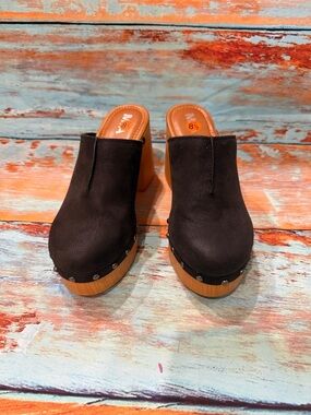 MIA Dark Brown Suede Clog Mules with Wood Platform